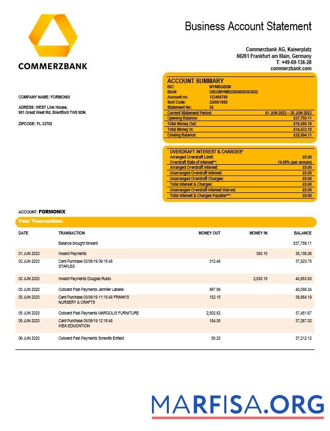 Printable Commerzbank company checking account statement Word and PDF template